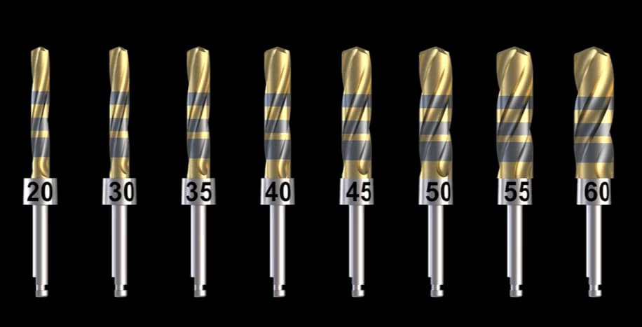 Crown Down solid tungsten carbide dental implant drill set, sizes #20 to #60, diameters 2.75 mm to 6.0 mm