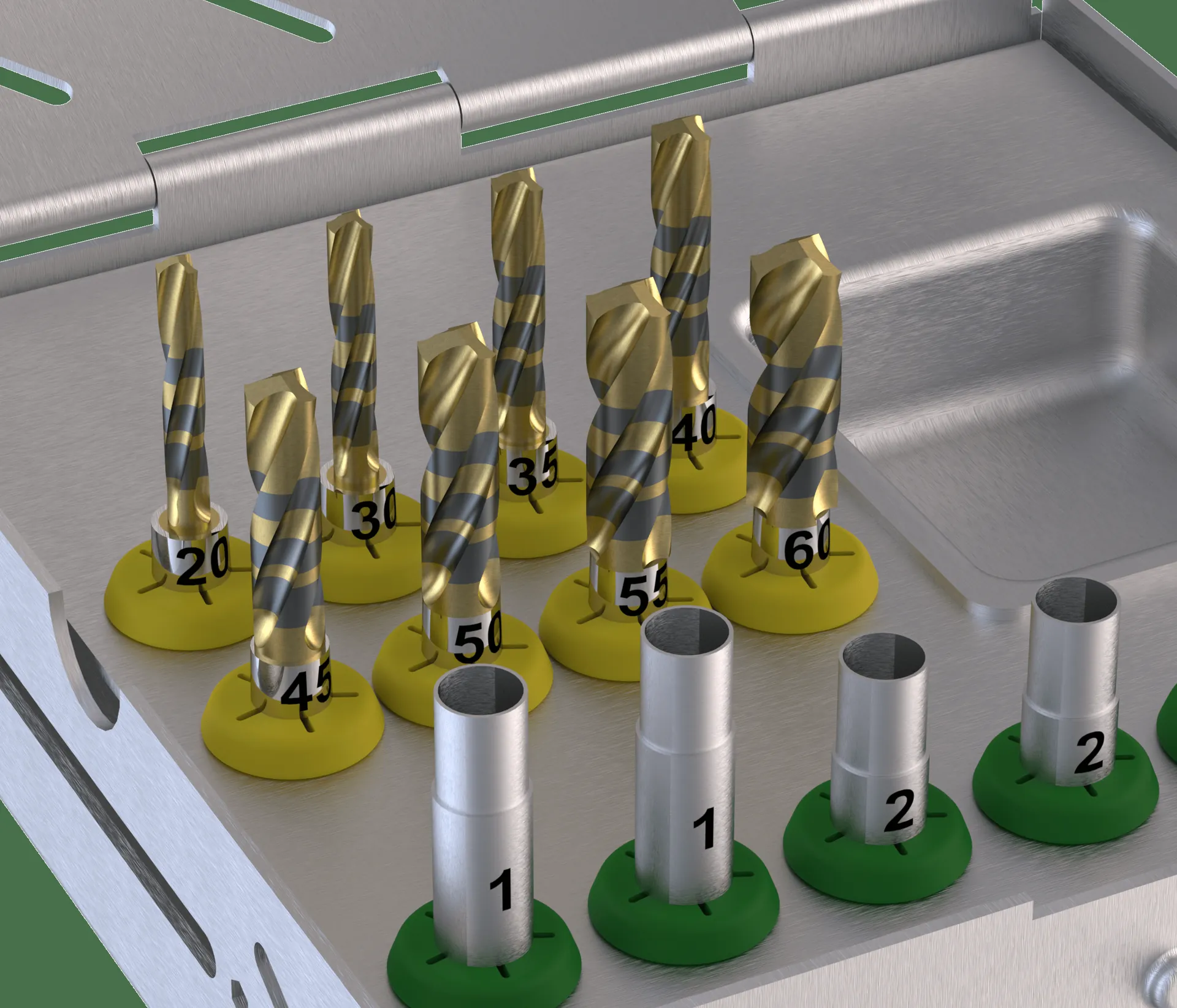 Crown Down dental implant drilling kit displayed on a dark studio background