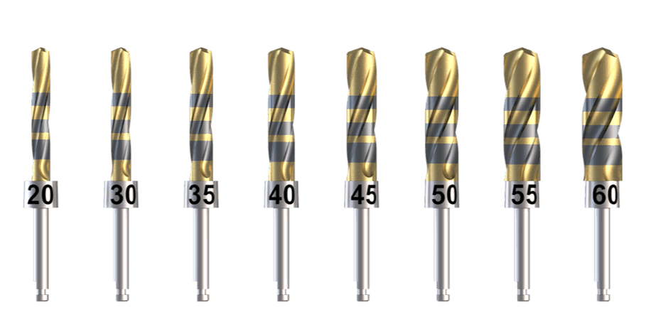 Crown Down solid tungsten carbide dental implant drill set \u2014 sizes #20 to #60, \u00d8 2.75 mm to \u00d8 6.0 mm
